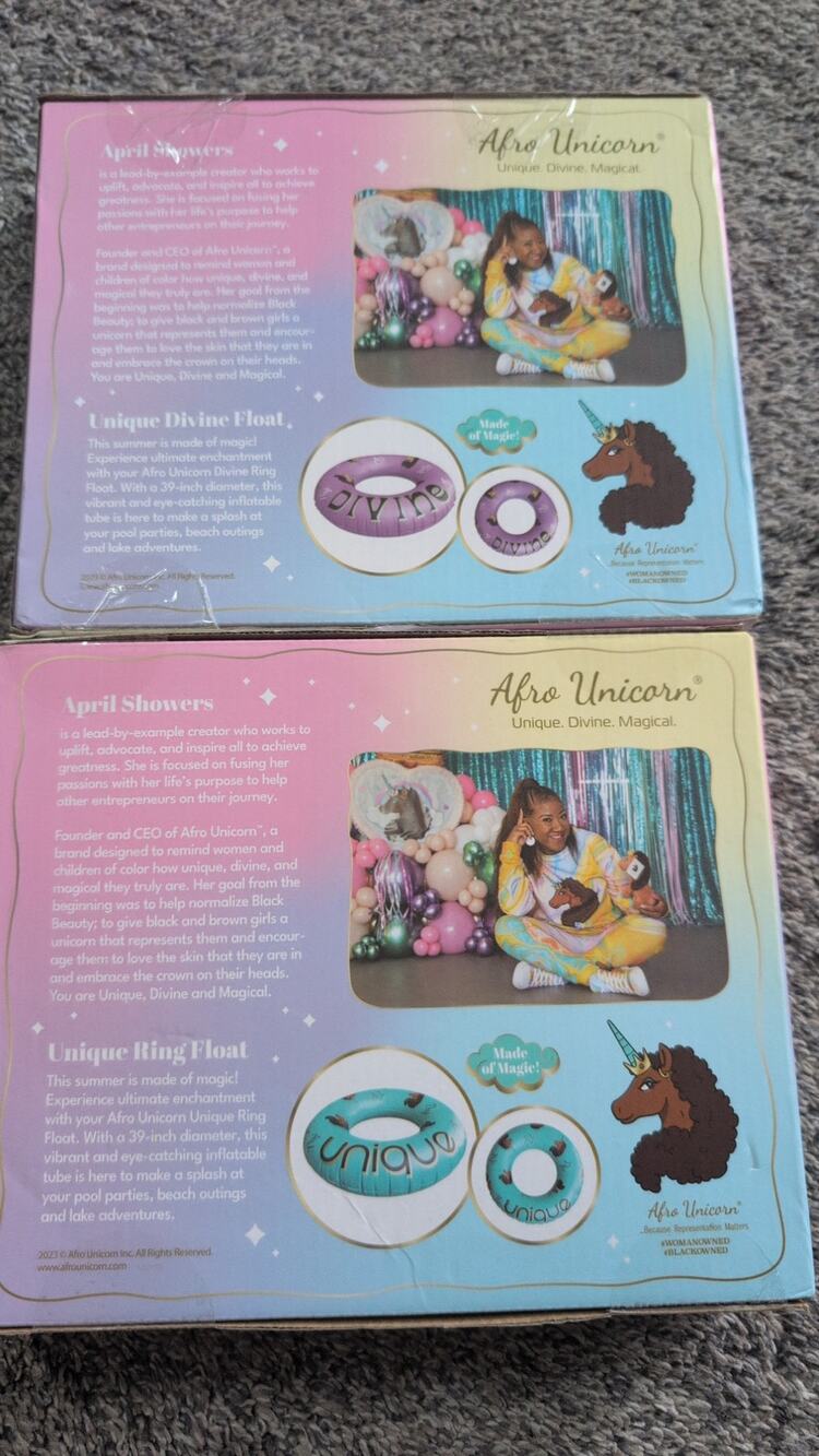 Afro unicorn lot of 2 inflatable swim rings 39-inch "Divine" and "unique"